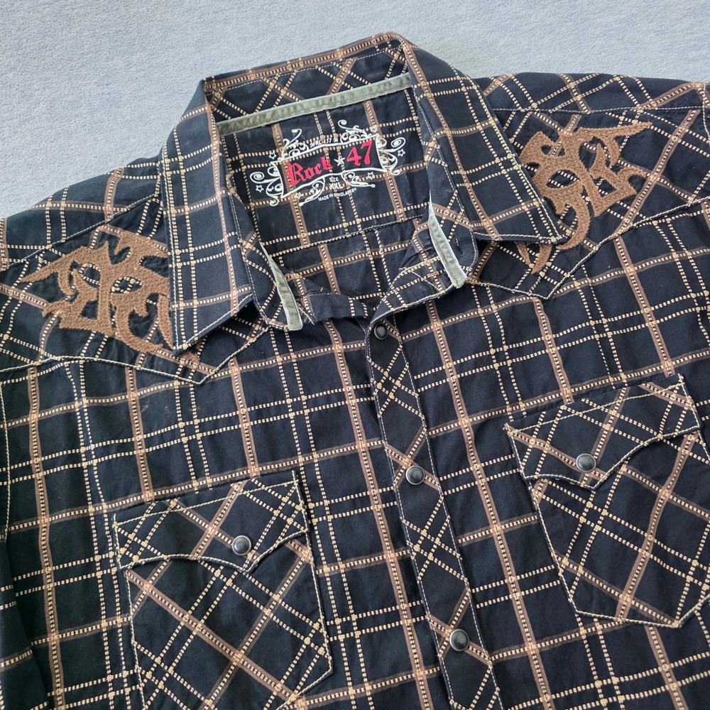 Rock 47 by Wrangler Mens XXL Black Brown Plaid Embroidered Western Snap Shirt